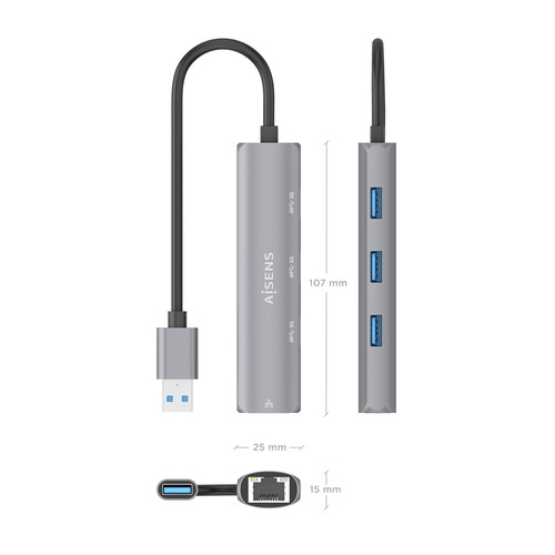 AISENS - USB3.0 DOCK USB-A A ETHERNET GIGABIT + HUB 3xUSB-A, GRIS, 15CM