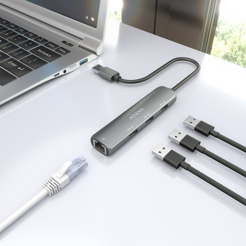 AISENS - USB3.0 DOCK USB-A A ETHERNET GIGABIT + HUB 3xUSB-A, GRIS, 15CM