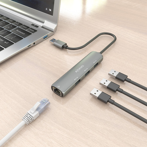 AISENS - USB3.0 DOCK USB-A A ETHERNET GIGABIT + HUB 3xUSB-A, GRIS, 15CM