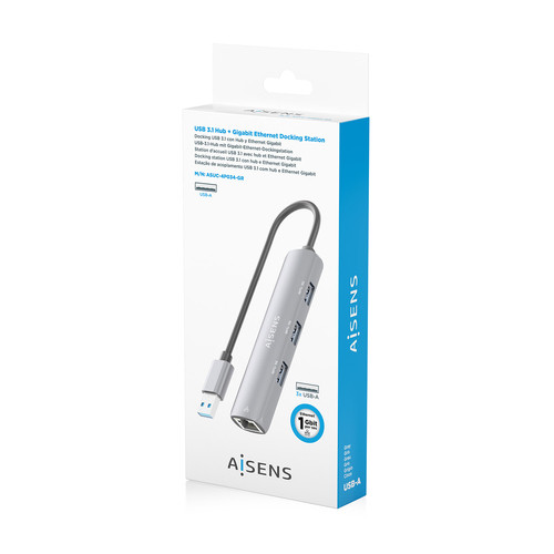 AISENS - USB3.0 DOCK USB-A A ETHERNET GIGABIT + HUB 3xUSB-A, GRIS, 15CM