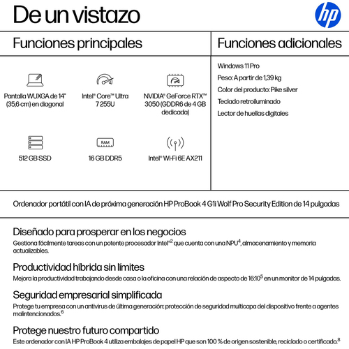 HP Portatil ProBook 4 G1i INTEL CORE ULTRA 7-25H / 16GB / 512GB SSD / 14" / Win11 Pro