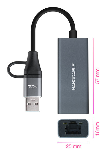NANOCABLE CONVERSOR USB-C+USB-A/M 3.0 ETHERNET GRIS 15CM