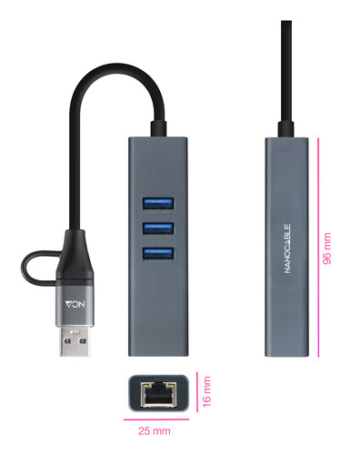NANOCABLE CONVERSOR USB-C+USB-A/M 3.0 ETHERNET+ 3xUSB-A 15CM