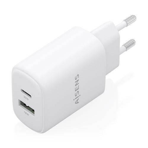 AISENS - CARGADOR GaN 30W, 1xUSB-C PD3.0 QC4.0, 1xUSB-A QC3.0, BLANCO