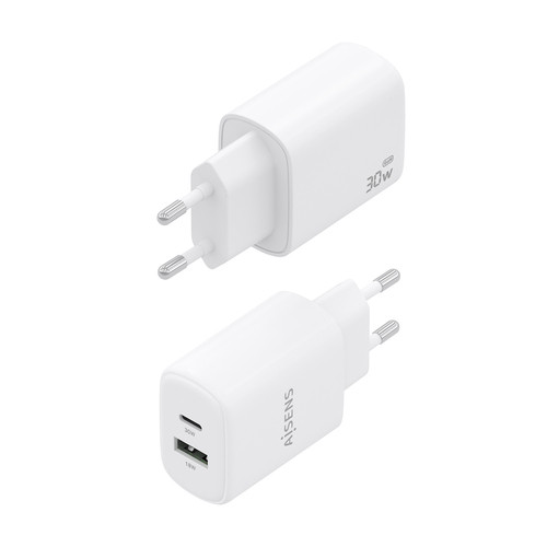 AISENS - CARGADOR GaN 30W, 1xUSB-C PD3.0 QC4.0, 1xUSB-A QC3.0, BLANCO
