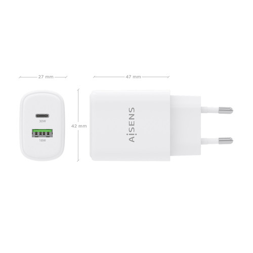 AISENS - CARGADOR GaN 30W, 1xUSB-C PD3.0 QC4.0, 1xUSB-A QC3.0, BLANCO