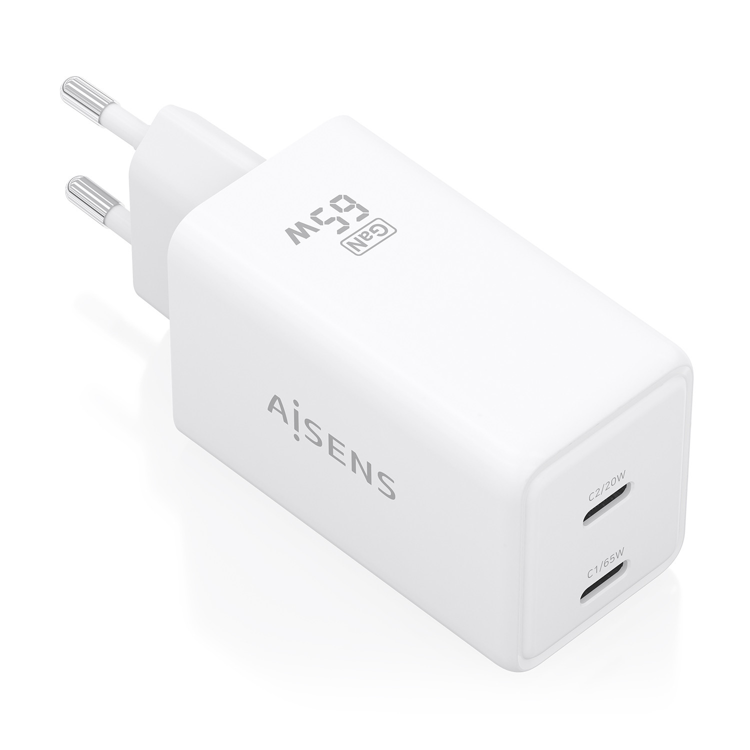 AISENS - CARGADOR GaN 65W, 2xUSB-C PD3.0 QC4.0, BLANCO