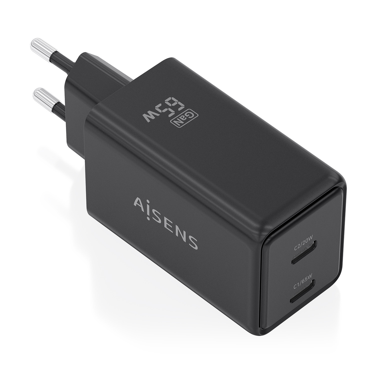 AISENS - CARGADOR GaN 65W, 2xUSB-C PD3.0 QC4.0, NEGRO