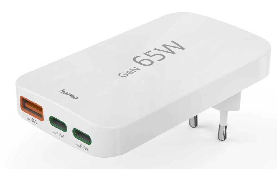 HAMA Cargador Mini 230V 65W 1xUSB A+2xUSB C QC+PD Blanco (Plegable)