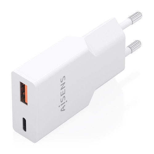 AISENS - CARGADOR ULTRA DELGADO GaN 20W, 1xUSB-C PD3.0 QC4.0, 1xUSB-A QC3.0, BLANCO
