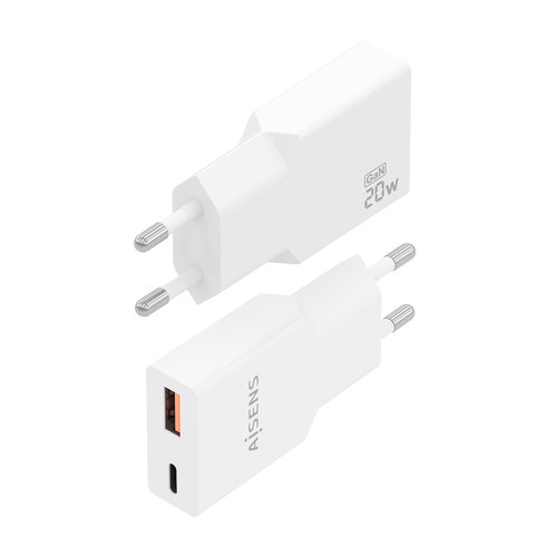AISENS - CARGADOR ULTRA DELGADO GaN 20W, 1xUSB-C PD3.0 QC4.0, 1xUSB-A QC3.0, BLANCO