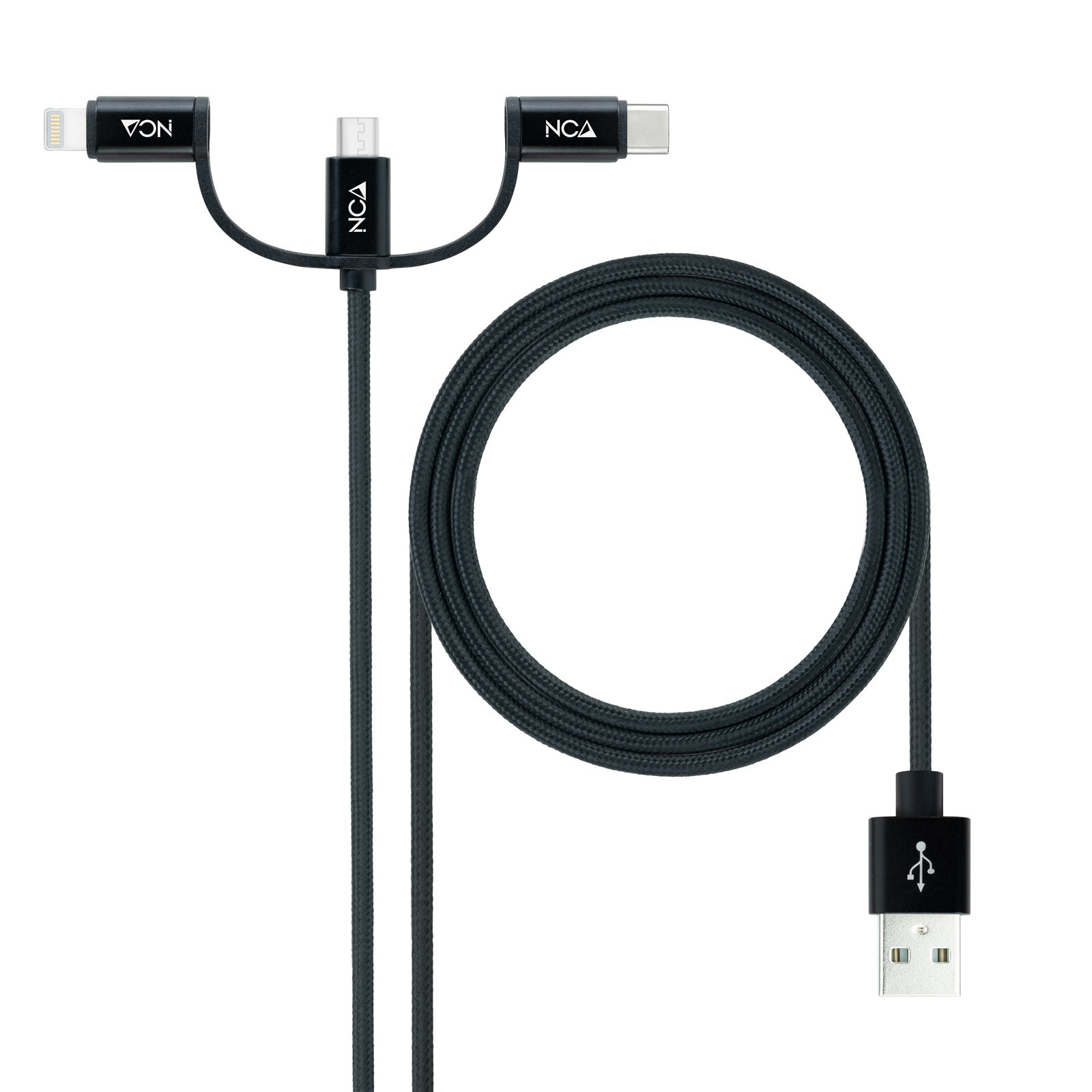 NANOCABLE Cable USB 3 en 1 Carga/Datos USB-A a USB-C/Micro USB/Lightning 1 m, Negro, 1 m, USB A, Micro-USB B, USB 2.0, Negro