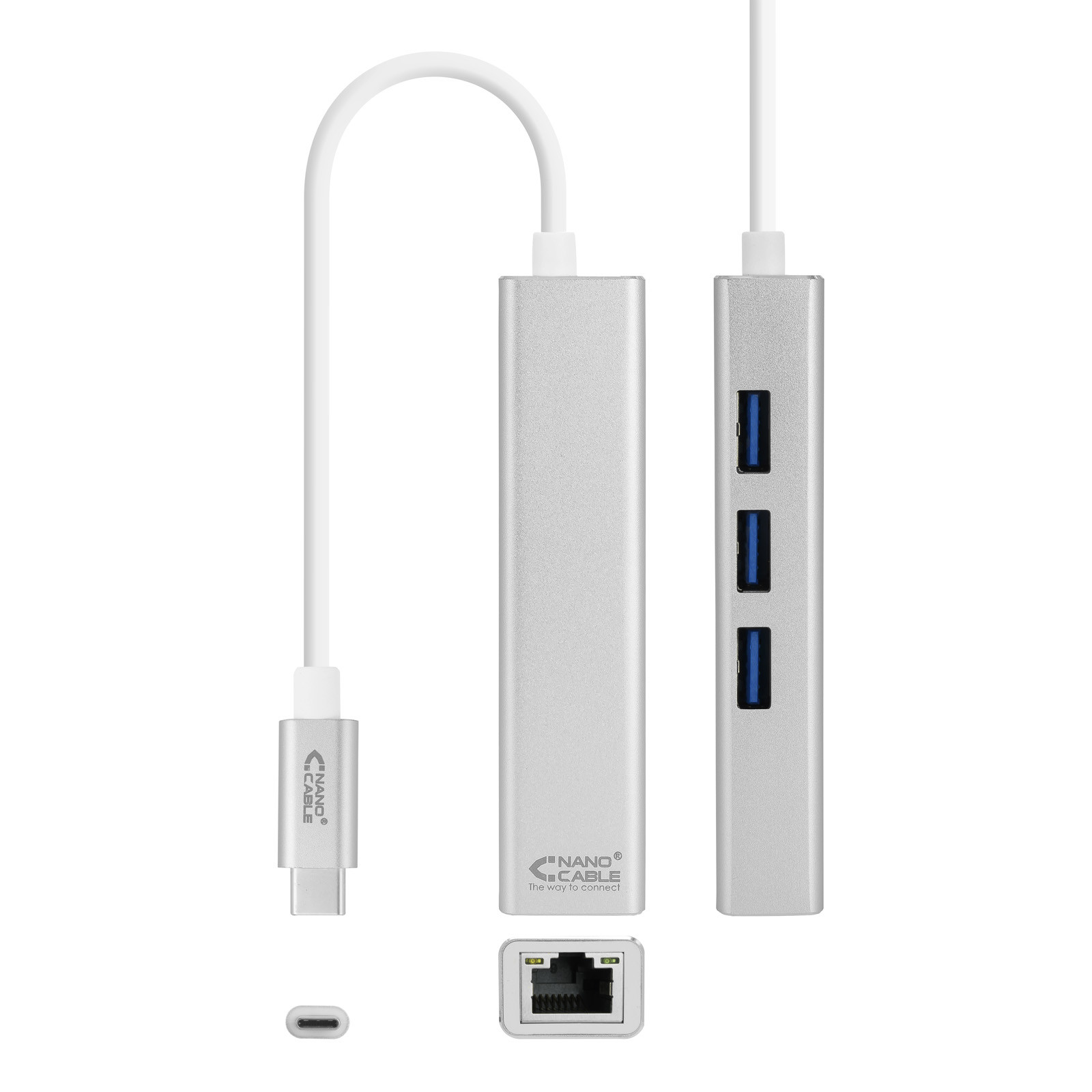 NANOCABLE Conversor USB-C a Ethernet Gigabit + 3xUSB 3.0, Plata, 15 cm, Alambrico, USB Tipo C, Ethernet, 1000 Mbit/s, Plata