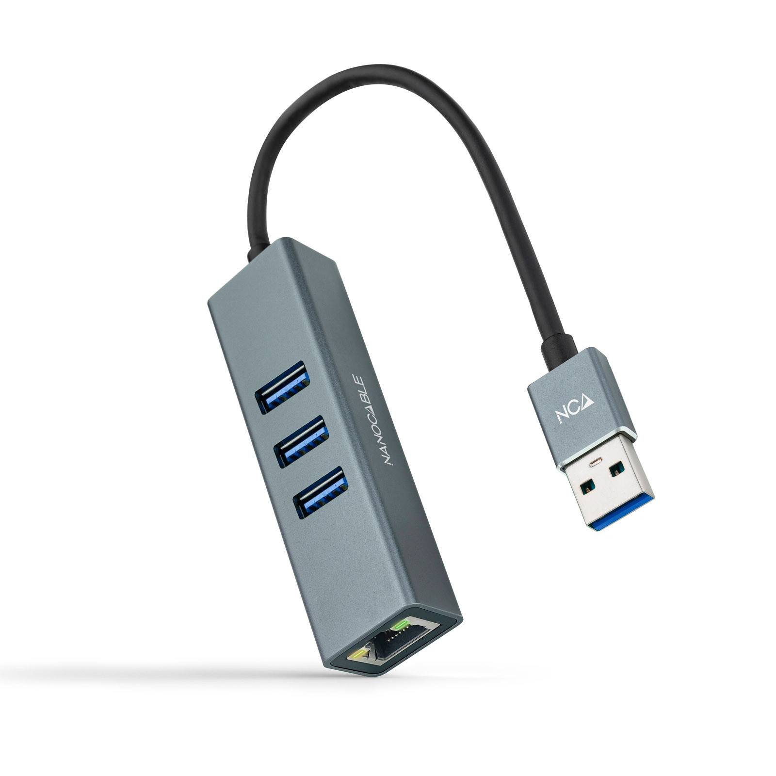 NANOCABLE Conversor USB 3.0 a Ethernet Gigabit + 3XUSB 3.0, Aluminio, Gris, 15 cm, Alambrico, USB 3.2 Gen 1 (3.1 Gen 1) Type-A, 10,100,1000 Mbit/s, IEEE 802.3,