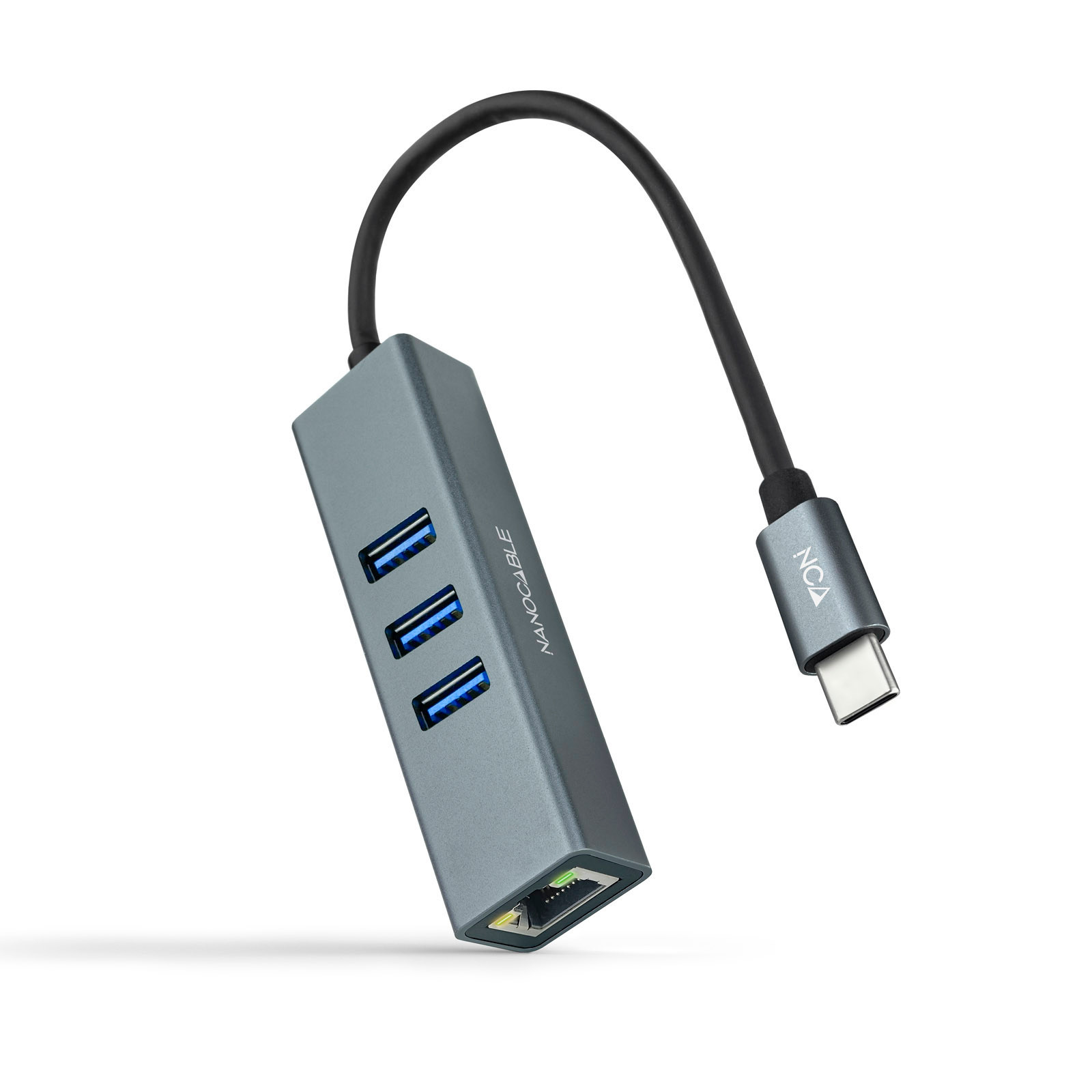 NANOCABLE Conversor USB-C a Ethernet Gigabit + 3XUSB 3.0, Aluminio, Gris, 15 cm, Alambrico, USB 3.2 Gen 1 (3.1 Gen 1) Type-C, 10,100,1000 Mbit/s, IEEE 802.3, IE
