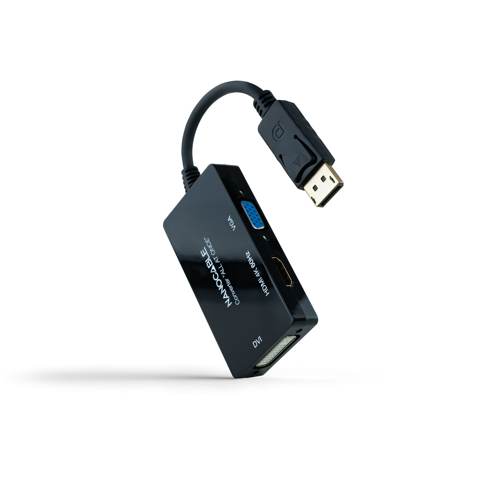 NANOCABLE Conversor DISPLAYPORT a HDMI/DVI/VGA, 20 cm, Negro, 0,2 m, DisplayPort, DVI-D + VGA (D-Sub) + HDMI, Macho, Hembra, Derecho
