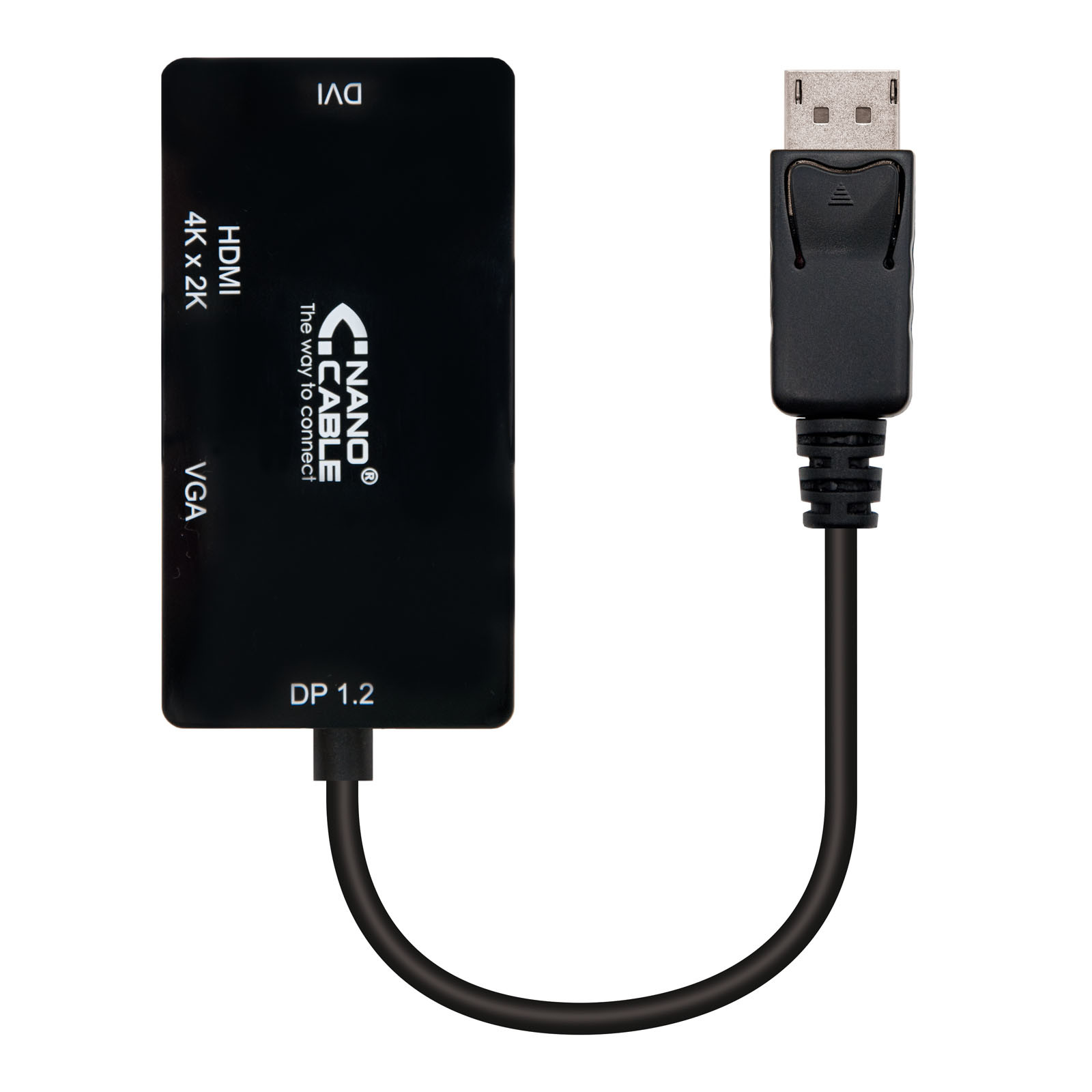 NANOCABLE Conversor Displayport a VGA / HDMI, 3 en 1, DP 1.2/M-VGA/H-HDMI/H 4K, Negro, 15 cm, 0,15 m, Negro, RoHS, 175 mm, 15 mm, 210 mm