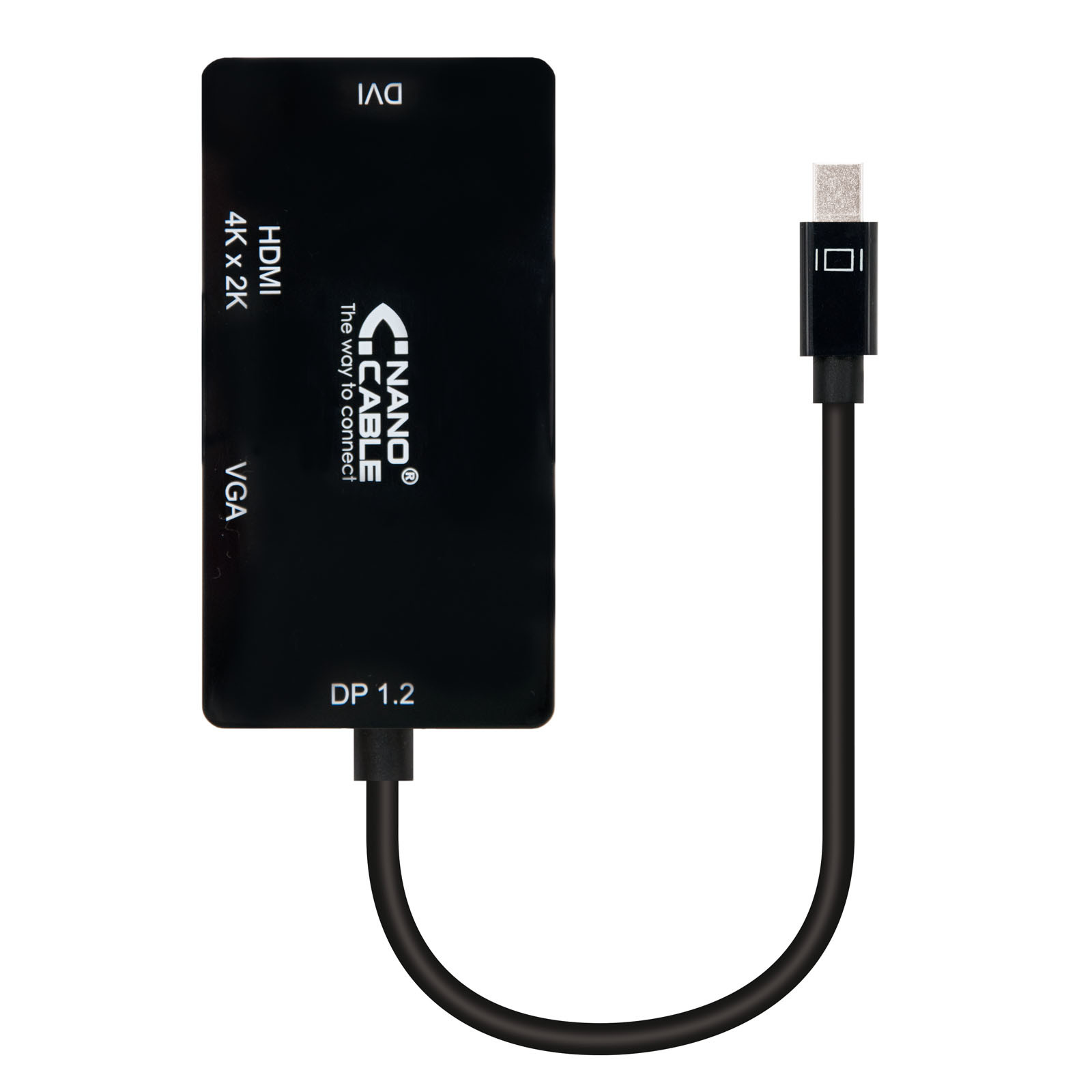 NANOCABLE Conversor Mini DisplayPort a VGA / HDMI, 3 en 1, DP 1.2/M-VGA/H-HDMI/H 4K, Negro, 15 cm, 0,15 m, Negro, RoHS, 175 mm, 15 mm, 210 mm