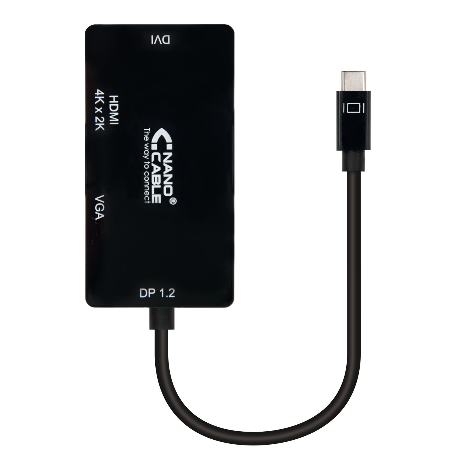 NANOCABLE Conversor USB-C a VGA / DVI / H???, 3 En 1. USB-C/M-VGA/H-DVI/H-HDMI/H 4K, Negro, 10 cm, 0,1 m, USB Tipo C, VGA (D-Sub)+ HDMI + DVI, Macho, Hembra, De
