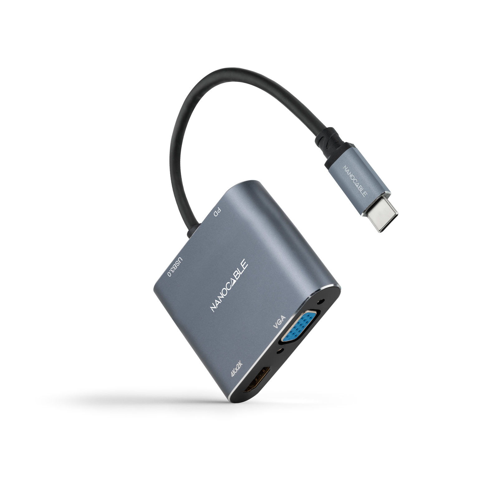 NANOCABLE Conversor USB-C a HDMI/VGA/USB3.0/PD 15 cm, Gris, 30 Hz, Gris, Round cable, 62 mm, 55 mm, 15 mm