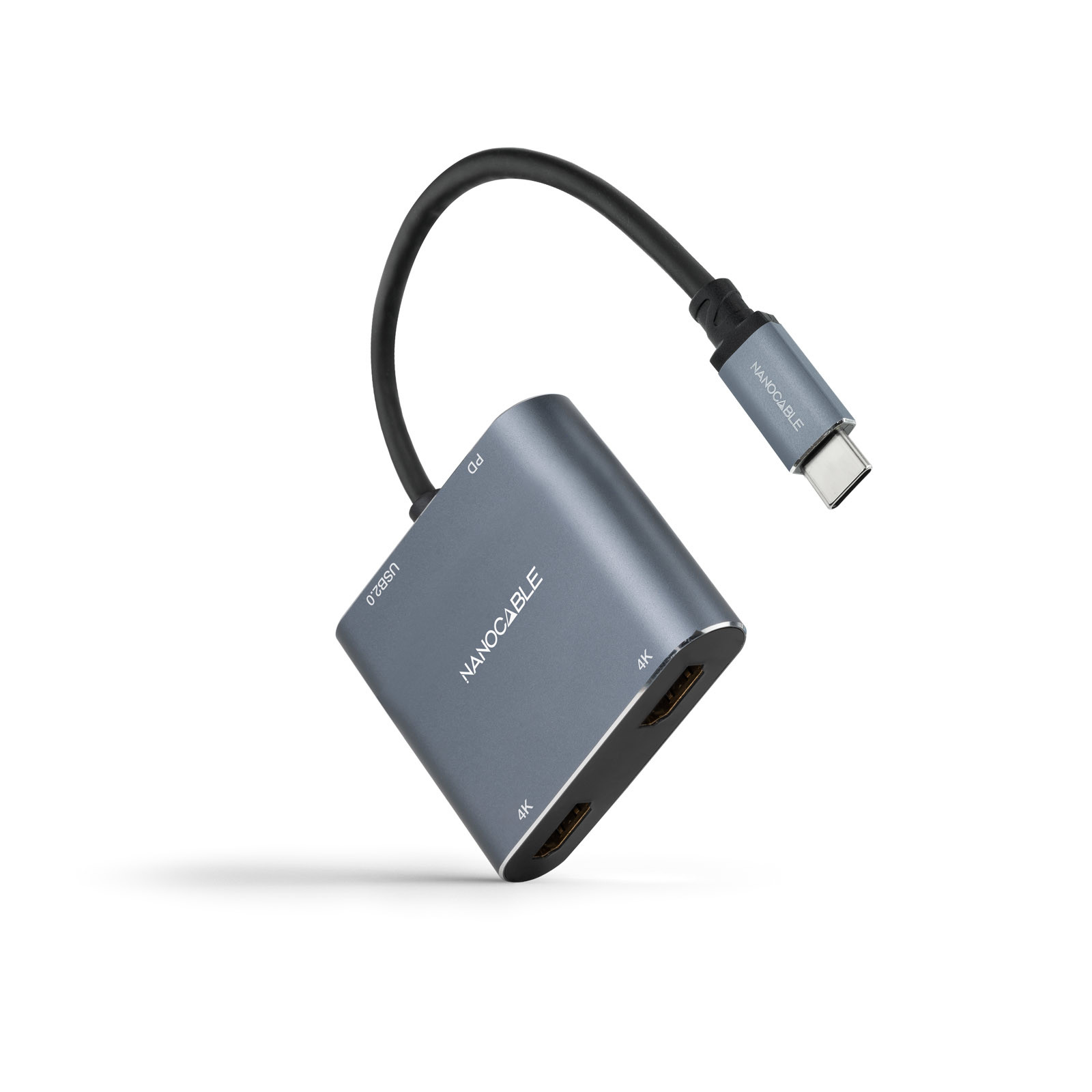 NANOCABLE Conversor USB-C a 2xHDMI/USB2.0/PD, 15 cm, Gris, 30 Hz, Gris, Round cable, 62 mm, 55 mm, 15 mm
