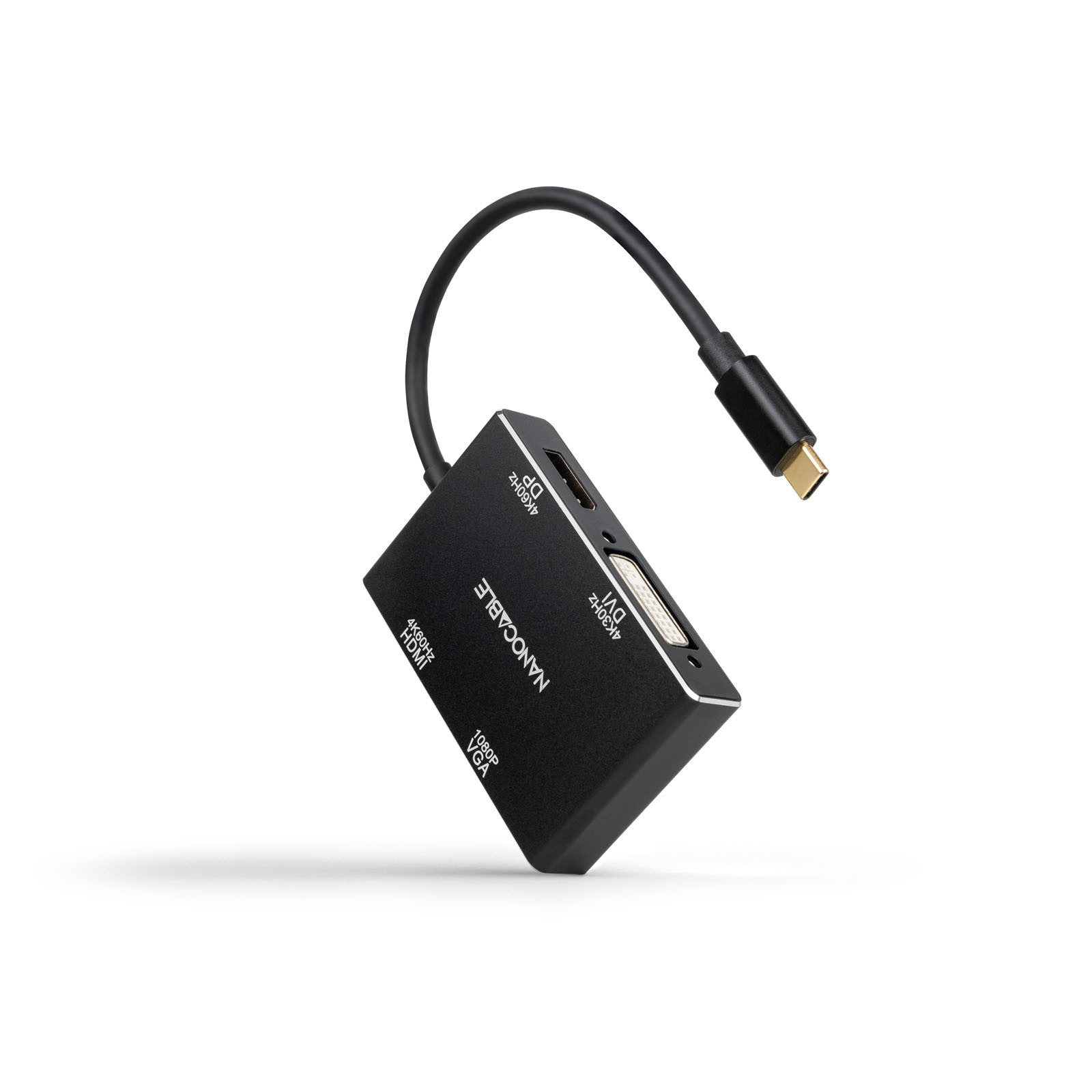 NANOCABLE Conversor USB-C/M a HDMI/H + DVI/H + DP/H + VGA/H, Negro, 10 cm, Alambrico, USB 3.2 Gen 1 (3.1 Gen 1) Type-C, Negro, 4K Ultra HD, 60 Hz, USB