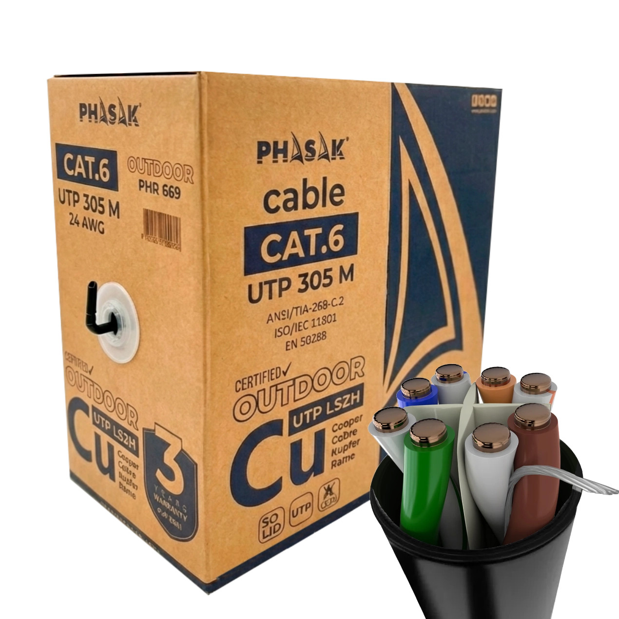 PHASAK CAT 6 UTP Solido Phasak Exterior CU Certificada LSZH AWG24 305m Negro