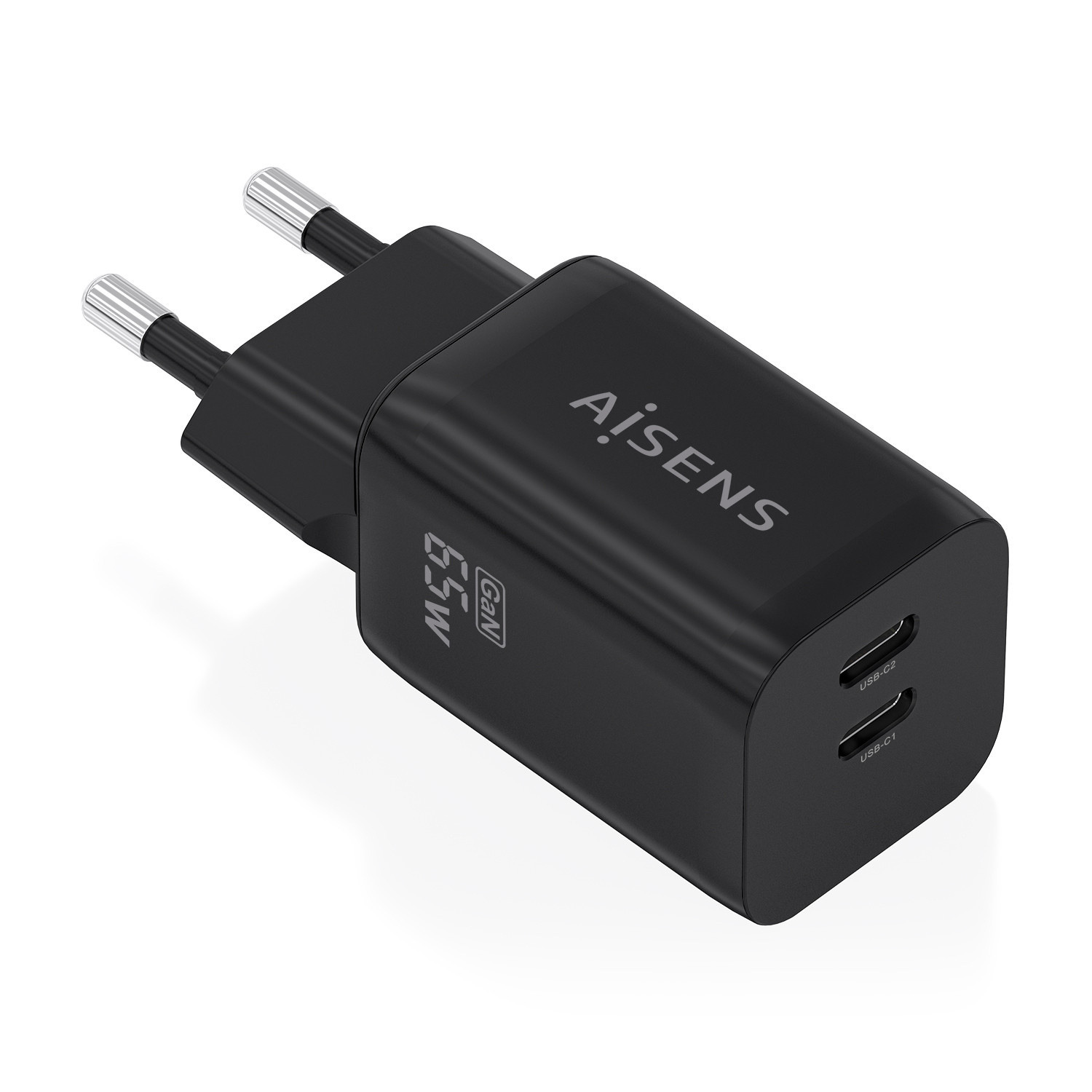 AISENS - CARGADOR GaN 65W, 2xUSB-C PD3.0 QC4.0, NEGRO