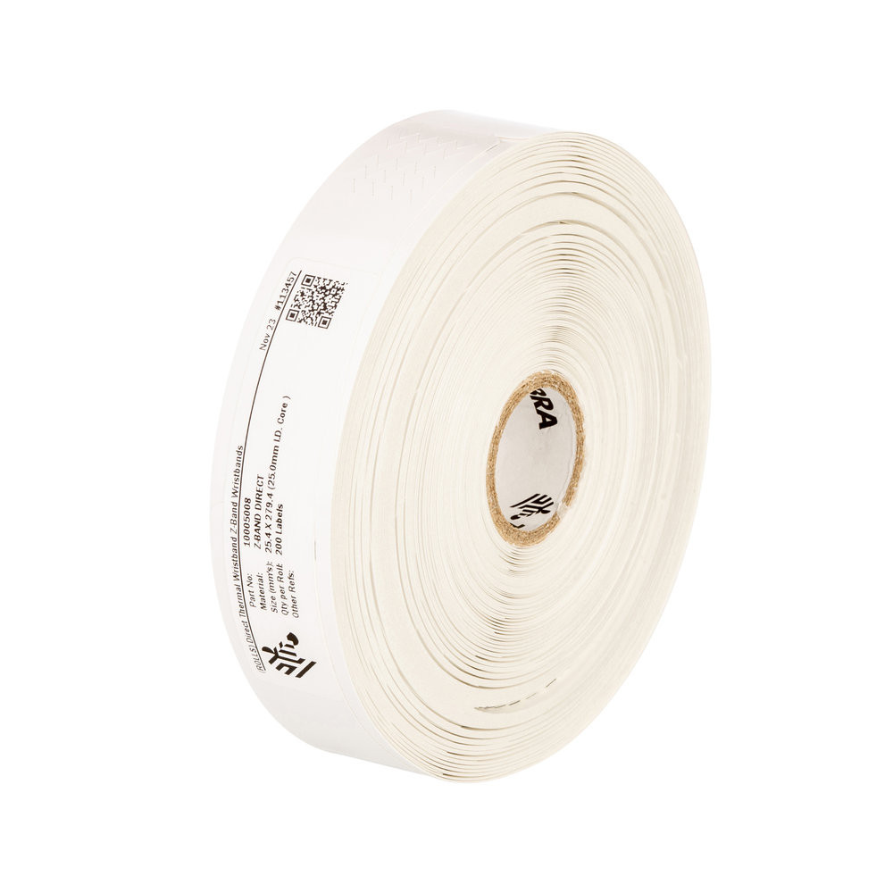 ZEBRA Pulseras 10005008 adhesivas blancas 25,4x279,4mm Wristband, Polypropylene, DT, Zband Direct, Coated, Permanent Adhesive, core, 200/roll, 6/box