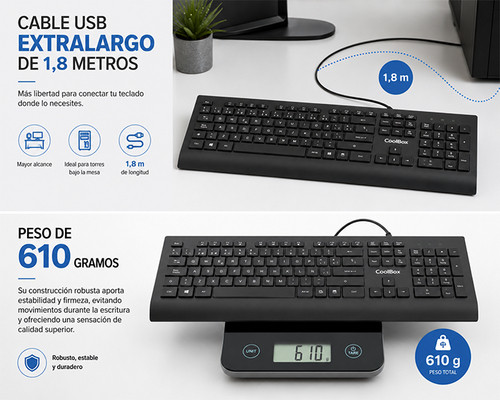 COOLBOX TECLADO USB TECLAS CHOCOLATE 1.8M DE CABLE 610G. SILENCIOSO