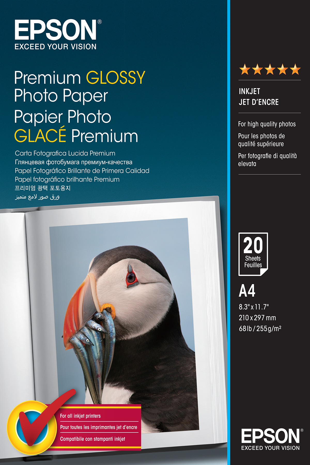 Epson Papel Premium Glossy Photo 255g, 20 Hojas de A4