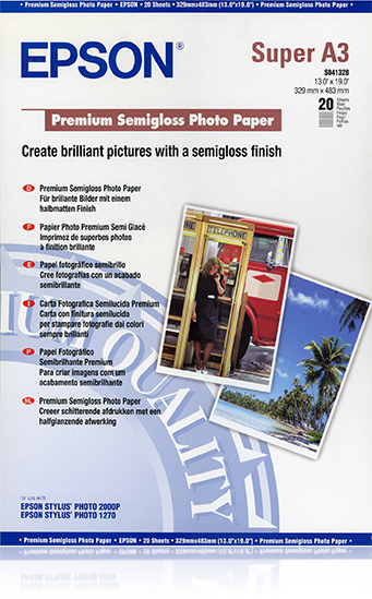 Epson Papel Fotografico Semibrillo (Premium SemiGlossy Photo) A3+, 20 Hojas - 250g.
