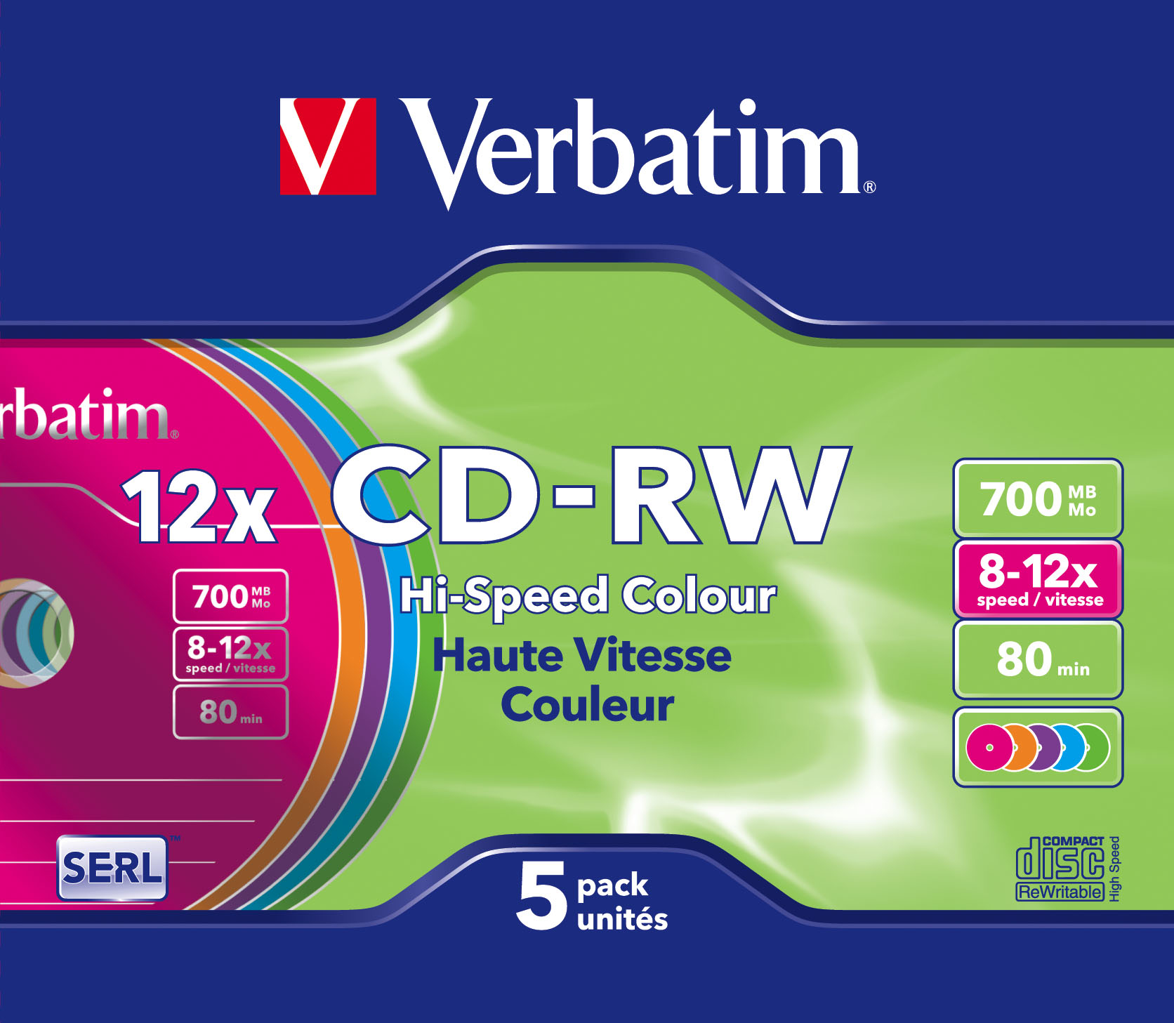 VERBATIM CD-RW 700Mb 8x-10x Slim Colores (Pack 5 Ud)